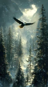 Eagle Soaring Through Forest Light