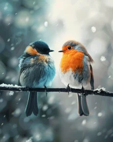 Two Birds in Winter Snow Scene