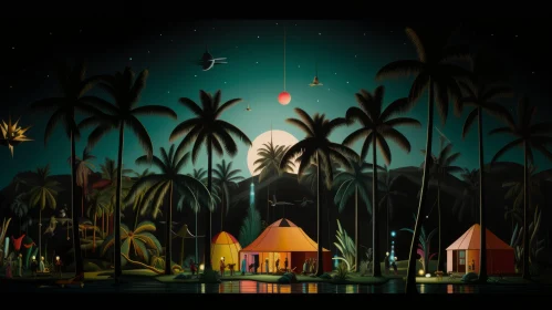 Colorful Tropical Nightscapes: Vintage Modernism Artwork
