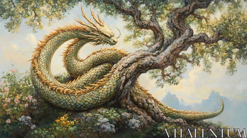 AI ART Serene Dragon Resting on Old Tree