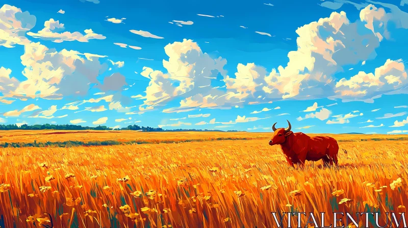 Bull in a Sunlit Flower Field AI Image