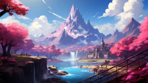 Enthralling Fantasy Landscape with Waterfall and Castle