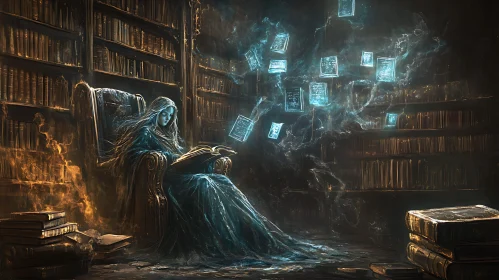 Mystical Library Scene with Reading Woman