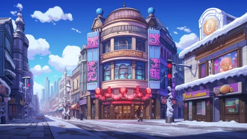 Festive Cityscape in Snow - Cartoon Styled Anime Artwork