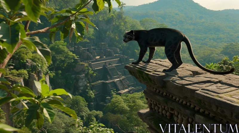 Mysterious Black Panther on Ancient Temple in the Jungle AI Image