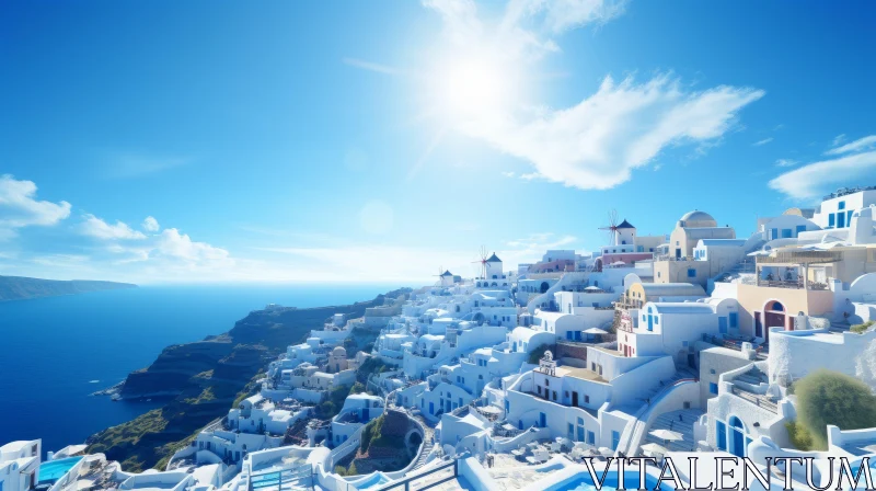 Sunlit Santorini: A Dreamlike Cityscape by the Sea AI Image