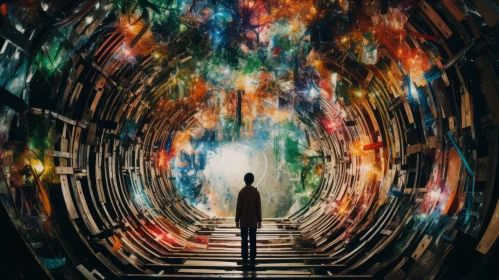 Transcendentalist Dreamlike Art: Colored Light Tunnel with Man