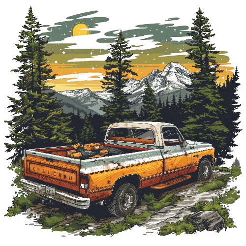 Vintage Truck Adventure in Forest at Sunset