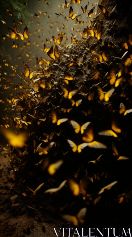 Yellow Butterflies in Dark Forest: A Close-Up View AI Image