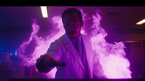 Scientist Experimenting with Purple Smoke