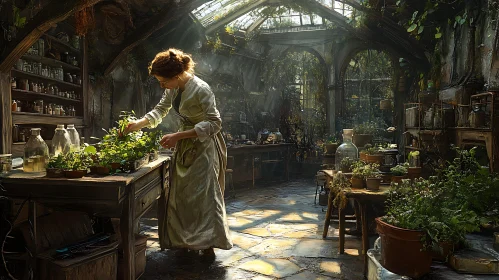 Vintage Greenhouse with Woman Gardener