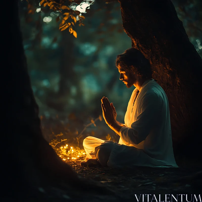 Man Meditating Under Tree AI Image