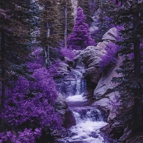 Serene Waterfall in Purple-Hued Forest