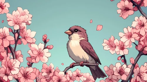 Spring Bird and Blooming Flowers Art