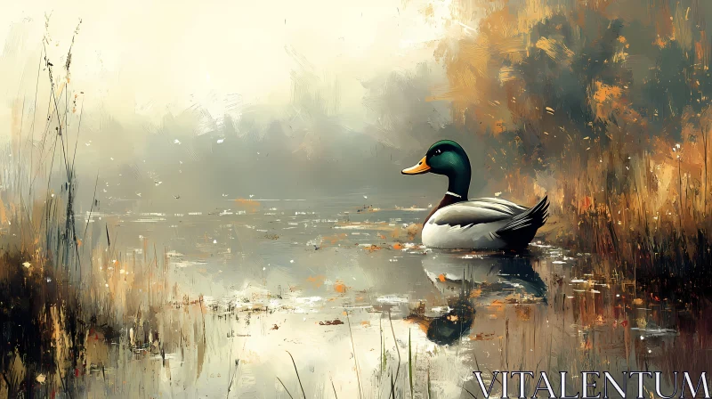 Peaceful Autumn Pond with Duck AI Image