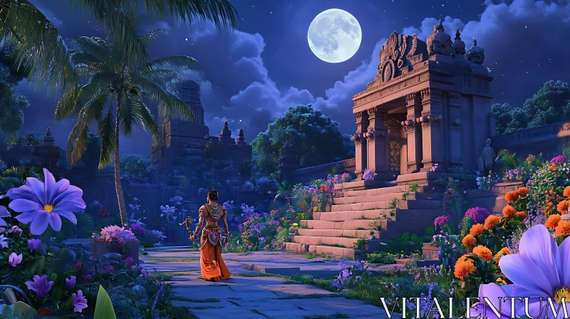 Ancient Temple Under the Moonlight AI Image