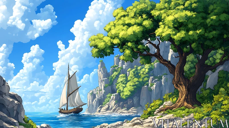 AI ART Sailing Boat near Rocky Coastline