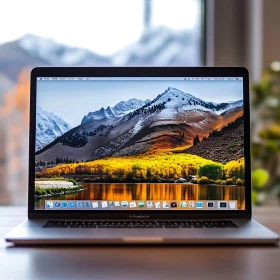 Laptop Displaying Mountain Scenic Wallpaper