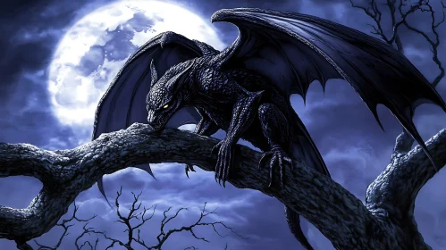 Dragon on Branch in Moonlight Night