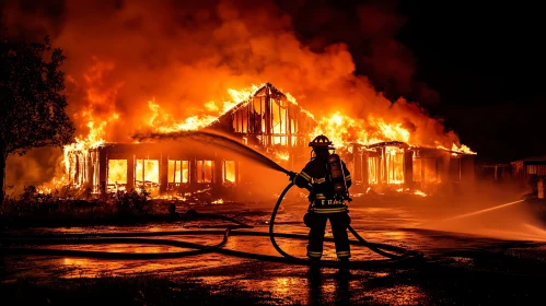 Battling the Inferno: Firefighter in Action at Night