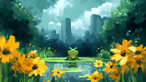 Urban Pond with Frog and Flowers