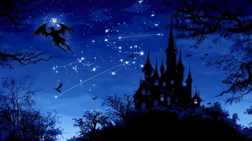 Nightfall Castle with Raven and Stars