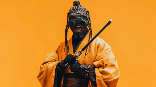 Steampunk Samurai on Orange Backdrop