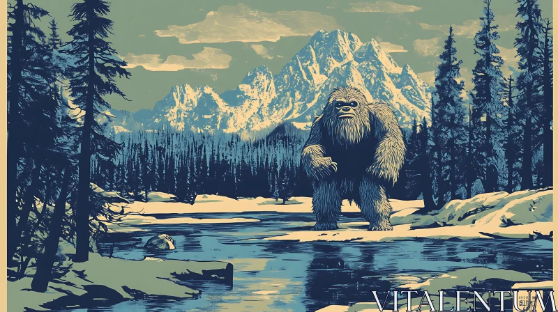 Sasquatch by the River: A Snowy Landscape AI Image