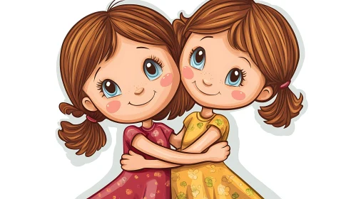 Illustration of Two Cute Cartoon Girls