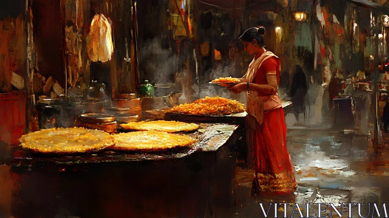 Woman Serving Food at Market AI Image