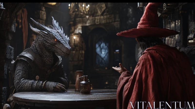 AI ART Fantasy Tavern Scene with Dragon and Wizard