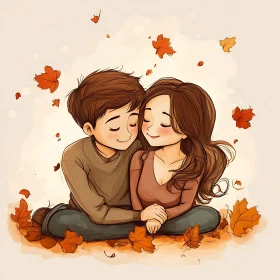 Cartoon Couple in Autumn Leaves