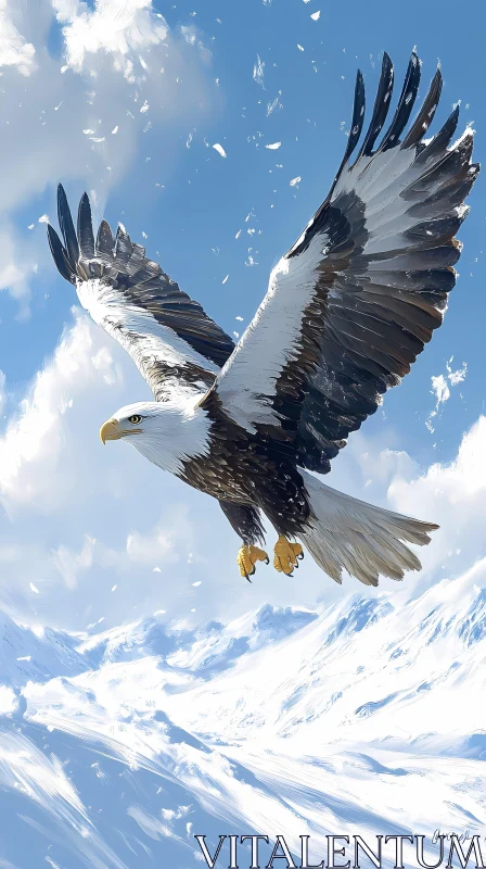 Eagle in Flight over Winter Landscape AI Image