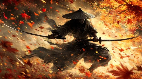 Dual Katana Samurai in Falling Leaves