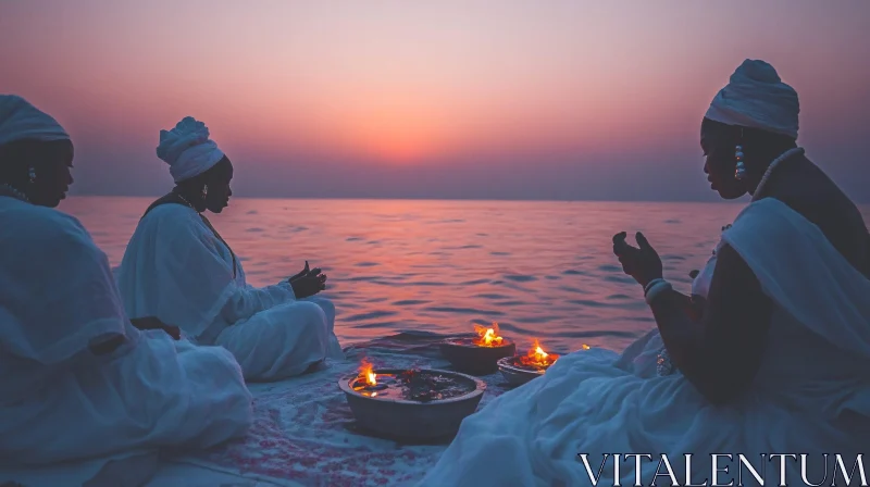 AI ART Women at Water's Edge Sunset Ceremony