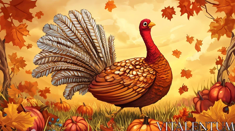 Autumnal Turkey Illustration with Pumpkins AI Image