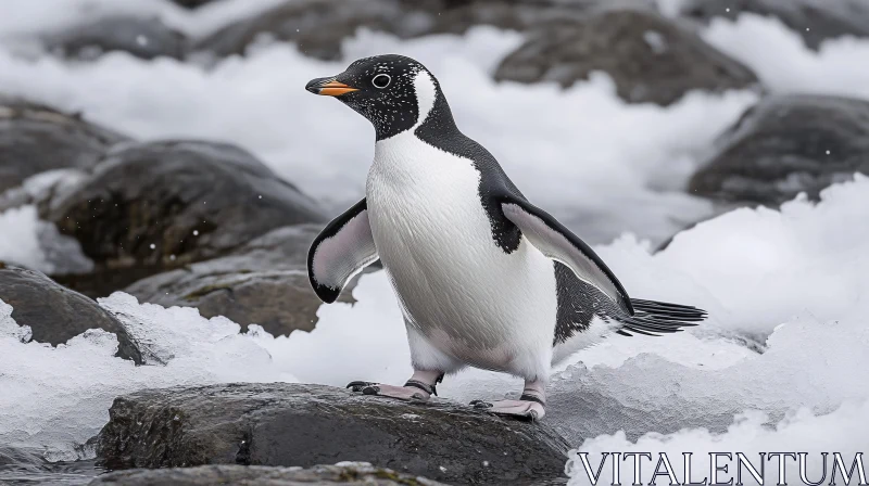 AI ART Gentoo Penguin on Snowy Rocks