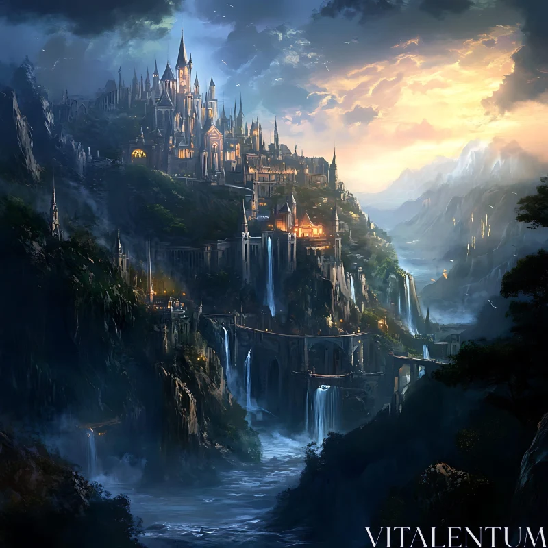 AI ART Hilltop Castle with Waterfalls