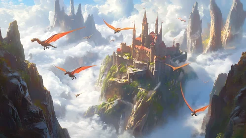 Fantasy Castle with Dragons in the Sky