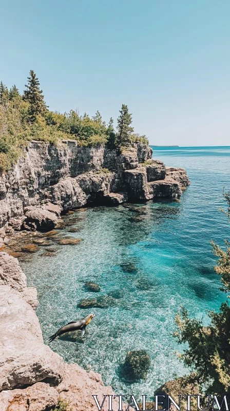 Tranquil Coastline with Clear Waters and a Seal AI Image