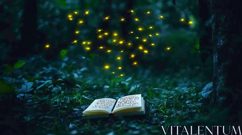 Fireflies Illuminating a Book in Forest AI Image