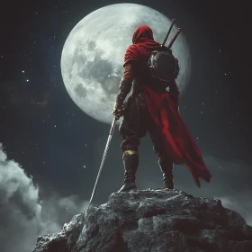 Red Warrior on Peak Under Full Moon