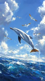 Oceanic Dance of Dolphin and Seagulls