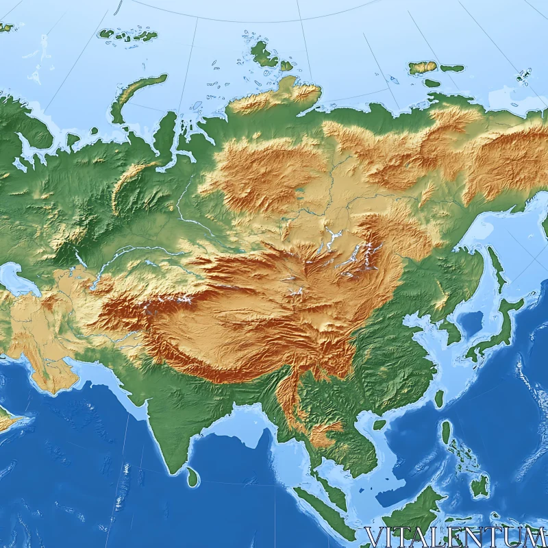 AI ART Detailed Relief Map of Asia Continent