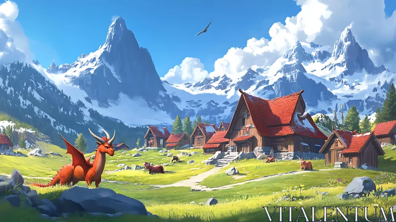 Fantasy Landscape with Dragon and Village AI Image