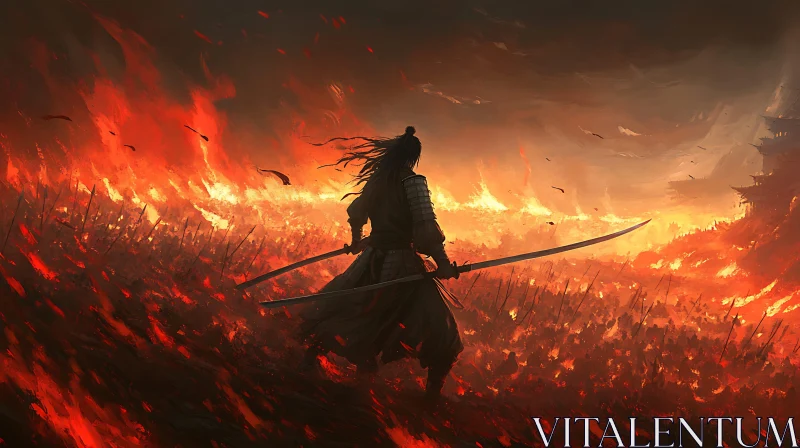 Lone Samurai in Burning Field AI Image