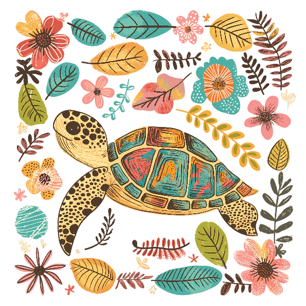 Whimsical Turtle with Flowers