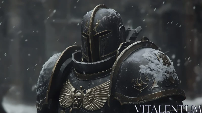 Snow-Covered Warrior in Dark Armor AI Image