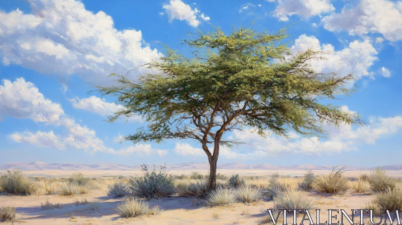 AI ART Desert Solitude: A Tree Under a Blue Sky