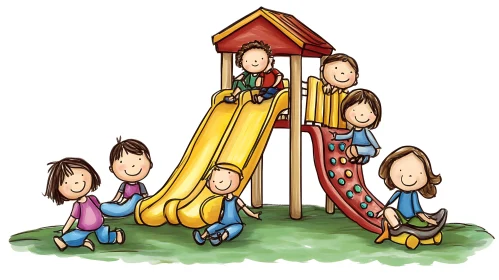 Cartoon Kids Having Fun on Slides